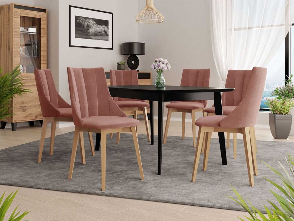 Veneti Rozkladací jedálenský stôl so 6 stoličkami NOWEN 2 - čierny / prírodné drevo / ružový